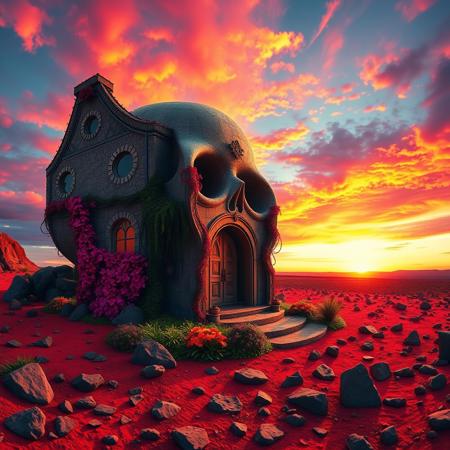 wide angle landscape image of an intricately designed, gothic-inspired house shaped like a human skull, with a grand, ornate entrance in its mouth and two circular windows resembling eyes, stands alone in a crimson-hued plain littered with jagged rocks. a neat garden surrounds the house, adorned with vibrant, curly vines and exotic flowers, as the sky above is set aflame by a vivid, pink-orange-purple sunset, casting a warm, golden glow over the entire scene