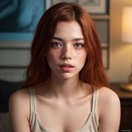 view from knees to head, wearing luxury outfit, a beautiful European girl, 18 years old, pale skin, highly detailed face, freckles, ultra detailed oiled sweaty dirty skin, petite, perfect tits, Dillon Harper, detailed nipples, one fingertip barely in mouth, messy natural red hair, blue piercing eyes, eyes squinted, warm colors, accurate natural color graded photo, 4K film still, remarkable color, ultra realistic, candle light, texture quality high, shadow quality high, 32bit color,depth of field,cinematic illumination,reaction frame,8k,volumetric lighting,rating_questionable,detailed, ,