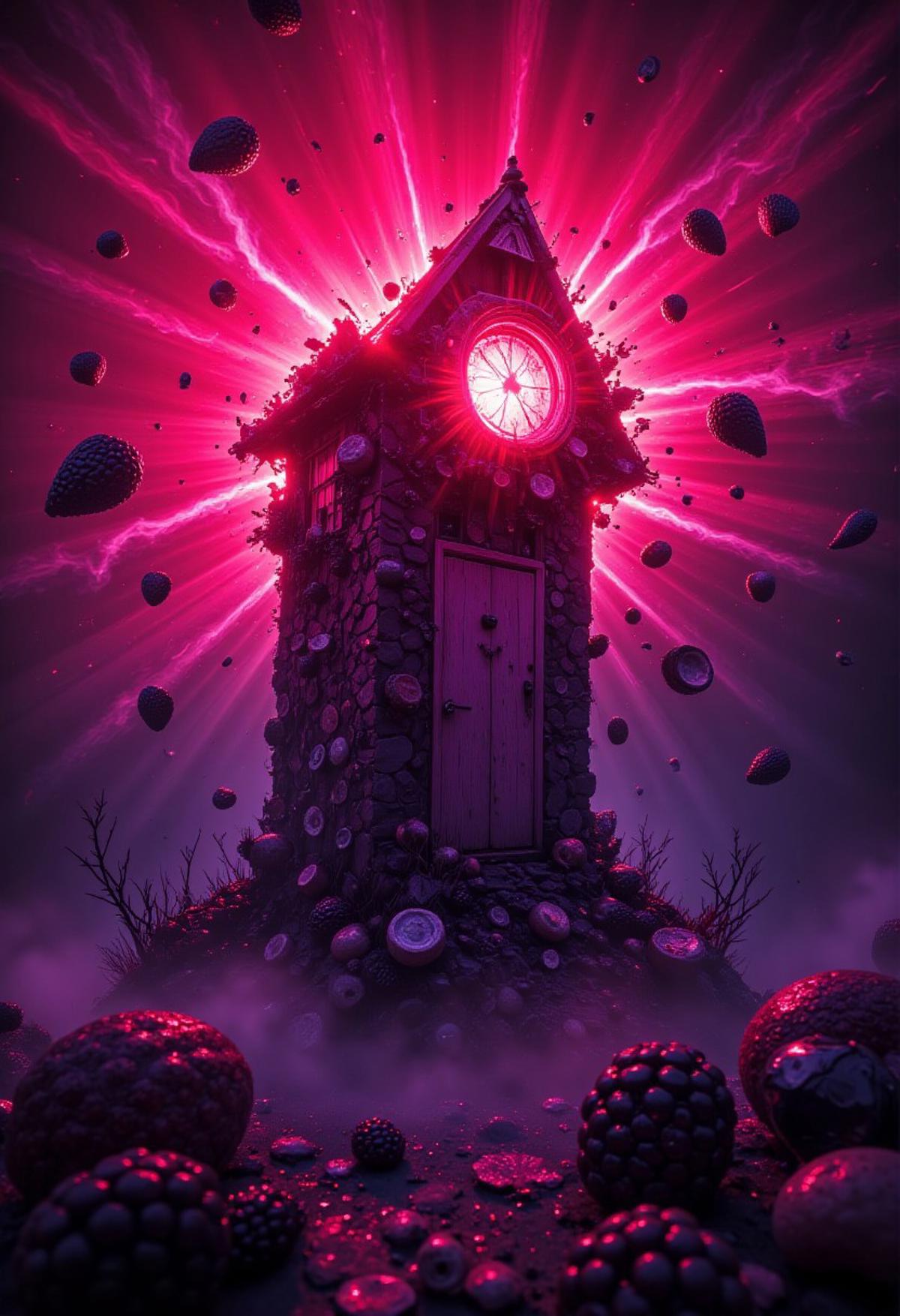 A cosmic scene of a [Outhouse|Bicycle] exploding in deep Blackberry, with deep red Seashells and shockwaves. detailmaximizer