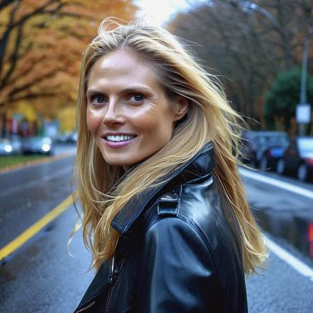 <lora:heidiklum_xl_lora:1> heidiklum, a semi close up photo of amysmart a beautiful happy woman, 30 years old, blonde flowing hair, wearing jeans and heels, with a black coat, in the middle of the road, wet, reflections, fall, fall colors, leaving flying in the wind (high detailed skin:1), 8k uhd, dslr, soft lighting, high quality, film grain, Fujifilm XT3