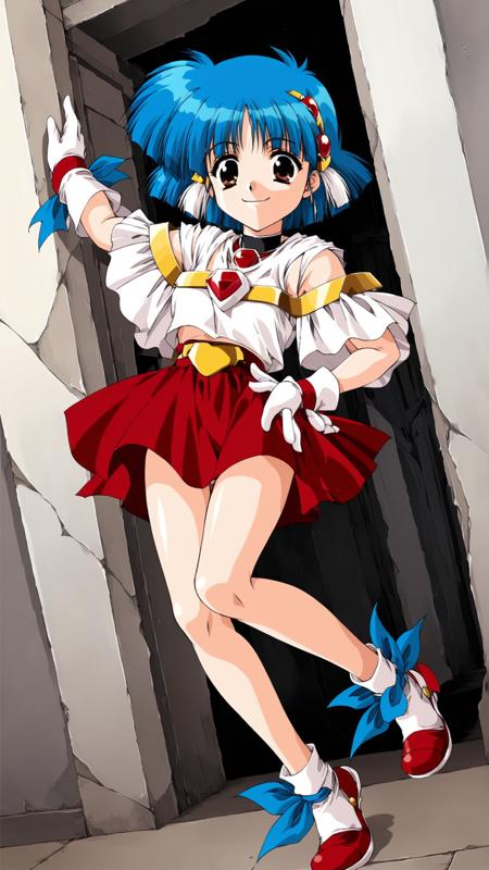 sawady, blue hair, short hair, hair ornament, brown eyes, small breasts, red skirt, shoes, 1990s \(style\)