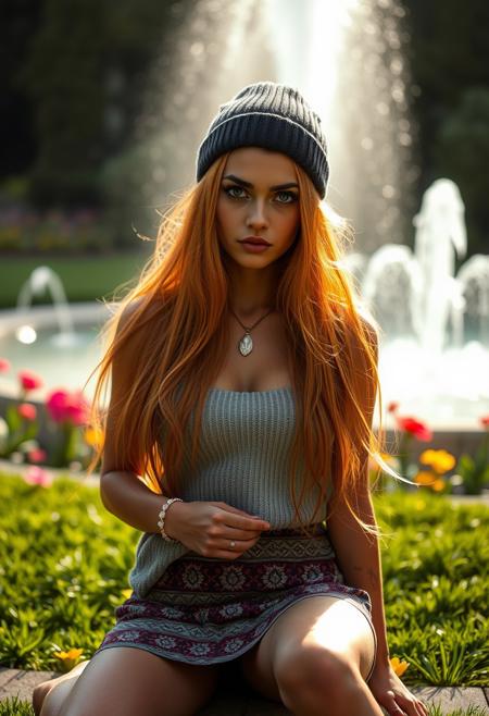 realistic lighting, photo, photorealistic, a 18 years old female, small size, petite, dark-skinned female, very long orange hair, aqua eyes, busty breast, small waist, wide hips, toned female, abs, freckles, necklace, arm bracelet, rings, mascara, serious,  sweater vest, patterned mini-skirt, beanie, dynamic sitting pose, garden, fountain, grass, flowers, scenery, (cinematic angle, cinematic lighting, backlighting, ray light, volumetric light)