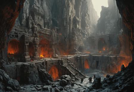 (high fantasy:1.2), photo taken from a great height, award winning photography, (high quality:1.2), (masterpiece:1.2), high details, incredibly absurdres, colorful, (realistic cinematic photo:1.33), (Luis Royo Style:1.31), (Gerald Brom Style:1.19), (Paolo Eleuteri Serpieri Style:1.25), (comp_top:1.16), (raw photo:0.74), (enormous dwarven fortress deep underground:1.06), superb craftsmanship, strong towers and walls, enormous underground cavern, (lava flowing in channels and ravines under the fortress), dwarven soldiers, ancient dwarven carvings, enormous dwarven statues