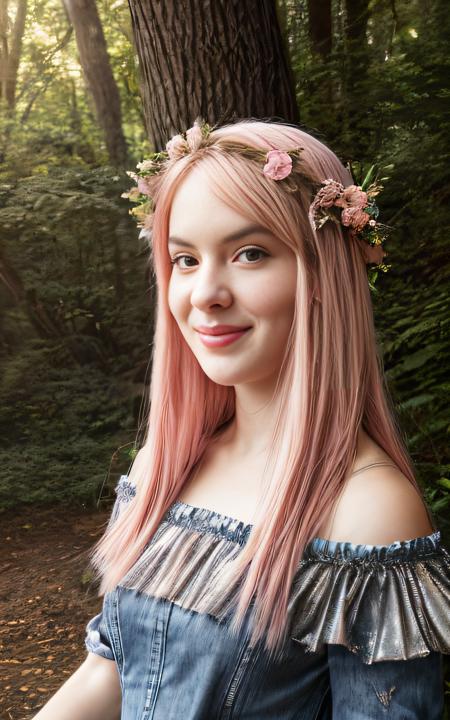 (full body portrait of a girl, 16 year old,  beautiful face), smile:-0.2, high resolution, photorealistic, natural straight ((pink hair <lora:hair_length_slider_v1:1>)) BREAK wearing (detailed off shoulder jeans dress with glitters), backyard <lora:skin_tone_slider_v1:-0.5>, <lora:S-shape body:0.25>, in a magical forest, hyperrealistic, fantasy, dark art, artstation, highly detailed, sharp focus, sci-fi, dystopian, sun rays