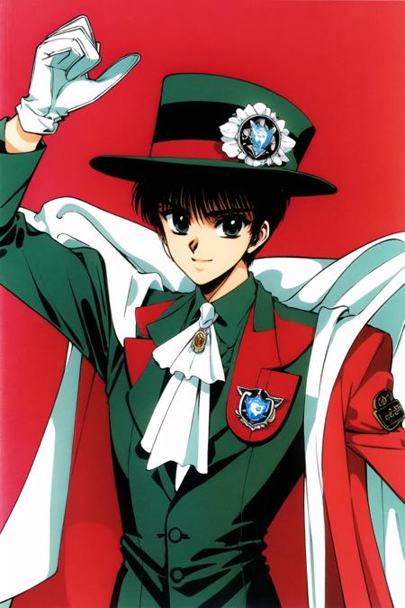 Subaru Sumeragi, 1boy, solo, male focus, gloves, hat, black hair, cape, retro artstyle, red background, white gloves, smile, ascot, black eyes, 1990s (style), brooch, top hat, long sleeves, white headwear, pillarboxed, formal, looking at viewer, <lora:Tokyo Babylon:0.8>