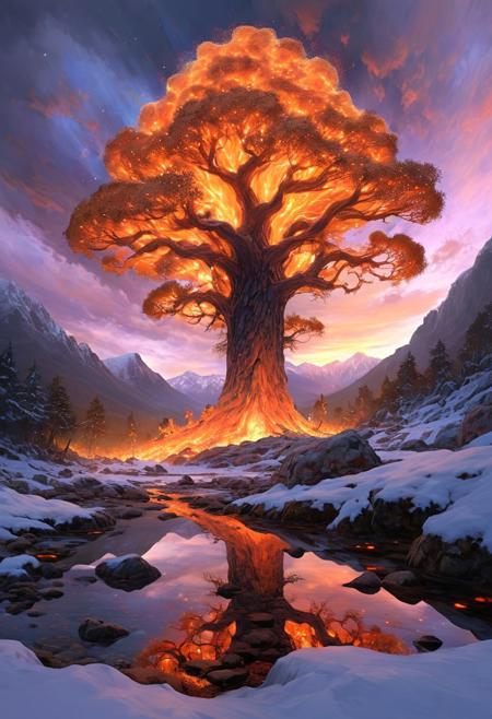 (by Ellen Jewett:1.5), (Fiery orange Bioluminescent Impressionism, mountain landscape, The Dreamland, Gibson Great  Mountains, rock, sky, giant tree, great grand tree on mountains, great fire, great great magical tree, sunset, sunrise , stream, lightining, snow and ice, ethereal landscapes, depth of field, biotech emotion:1.3) <lora:xl_more_art-full_v1:0.5> <lora:add-detail-xl:1> <lora:RMSDXL_Creative:2>