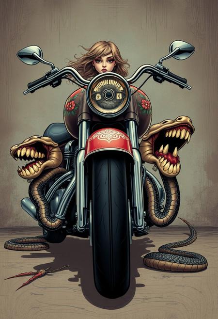 A vintage motorcycle with elegant floral engravings, but the exhaust pipes curl into grinning, snake-like faces
delicate ethereal portraiture meets wild lowbrow hot rod art, soft muted color palette contrasted with bold neon tones, flowing organic linework with exaggerated cartoonish details, dreamy and melancholic expressions infused with rebellious energy, elegant woodgrain textures blending with chaotic, high-energy compositions, fusion of Art Nouveau curves with grotesque and surreal exaggeration, smooth painterly rendering juxtaposed with bold graphic outlines, playful yet darkly whimsical storytelling, balance of beauty and distortion