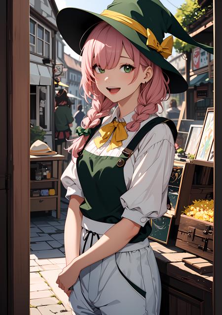 (Fantasy style), (anime), ((extremely detailed 8k illustration)), highres, (extremely detailed and beautiful), ultra detailed painting, professional illustrasion, Ultra-precise depiction, Ultra-detailed depiction, (beautiful and aesthetic:1.2), HDR, (depth of field:1.4),  (chibi),girl, pink hair,twin braids, wavy hair, blunt bangs, ((complete hair over eyes:1.2)), green witch hat with bog yelloe ribon, green witch clothes,white apron,white socks,pom-pom pants, smile,open mouth, A castle town with lively stores