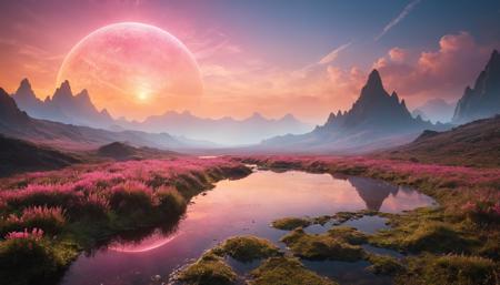 Award winning photograph of  an alien planet where the boundaries between reality and imagination blur effortlessly. Each step unveils a symphony of colors and textures dancing in harmony. A vast, ethereal valley. As you gaze across the expanse, you're greeted by rolling hills adorned with (lush alien foliage), each blade of grass shimmering with dewdrops like scattered jewels.  In the distance, (towering spires of crystalline structures) rise from the earth, their surfaces reflecting the golden hues of an eternal sunset. (Liquid light) cascades down their facades, pooling into crystalline lakes that mirror the star-strewn heavens above. As you traverse this otherworldly landscape, you find yourself drawn deeper into its embrace, each step revealing new wonders and delights. Glowing flora illuminate your path, casting a kaleidoscope of colors upon the ground. Above, wisps of iridescent clouds drift lazily across a cerulean sky, morphing and shifting like dancers in an endless ballet. The pink sun, a radiant orb of warmth and light, bathes the land in its golden embrace, casting long shadows that dance across the landscape like playful spirits. Here, amidst the beauty of the dream landscape, you find solace and serenity, a sanctuary for the soul to wander and explore to its heart's content. Vibrant color, realistic lighting, detailed shadows, planet visible in sky <lora:RMSDXL_Creative:3> <lora:RMSDXL_Enhance:2.5>