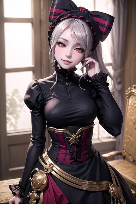 official art, unity 8k wallpaper, ultra detailed, beautiful and aesthetic, beautiful, masterpiece, best quality, portrait, (finely detailed beautiful eyes: 1.2), shalltear, cute, medium breasts, pale skin, (glowing red eyes:1.1), long gray hair, ponytail, (bonnet, large hair bow:1.2), (frilled black dress:1.2), (long sleeves:1.1), captivating pose, arms at sides, half-closed eyes, smile, fang, blush, parted lips, seductive, lustful, hand on own face, head tilt, (looking at viewer:1.1), upper body, from above, throne room,  <lora:SHALLTEAR:0.7>