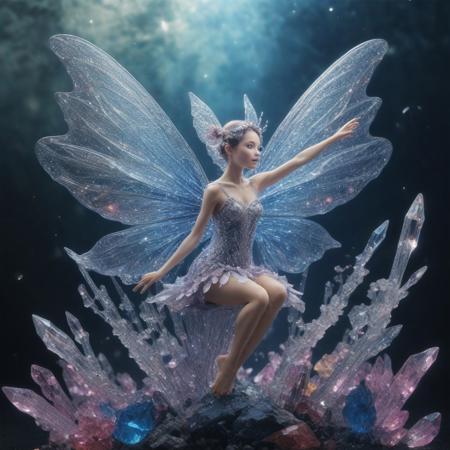 score_9, score_8_up, score_8, Masterpiece, High Details, HD, 8K, Photorealistic, perfect, High Quality, A flying (((fairy made of crystals))) with the face of a panda. Within a magic World