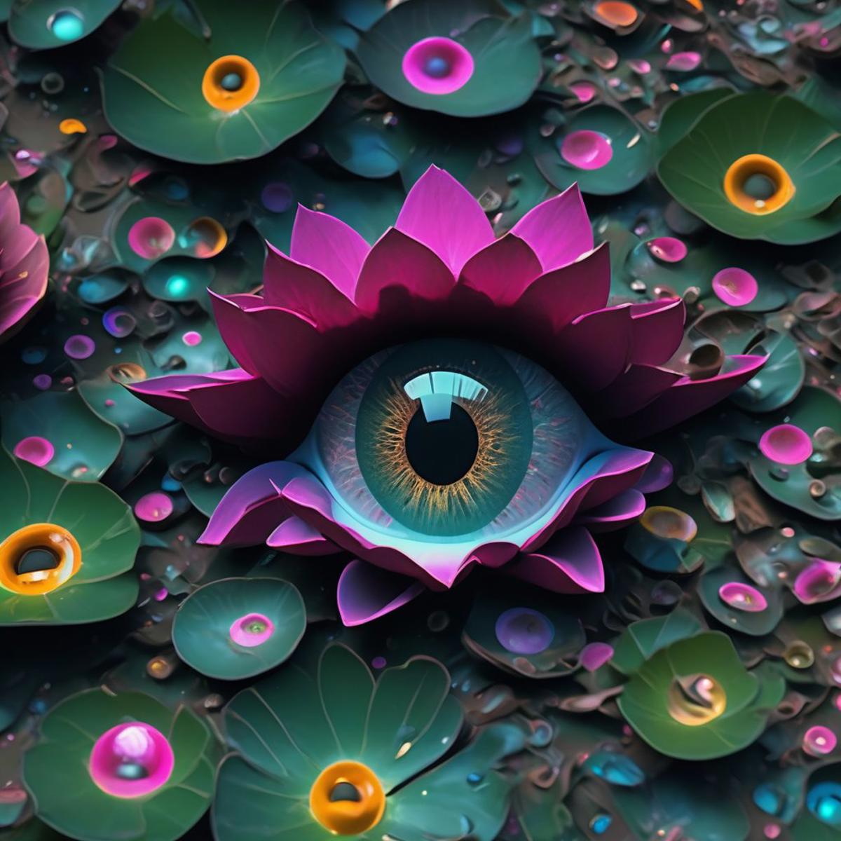 close up, ((mutant lotus eye)),  exaggerated, fantastic, background: garden, matte painting,  multiple perspectives, distortion, subsurface scattering, chiaroscuro lighting, disintegration, full RGB color, HDR 10, Dolby Vision