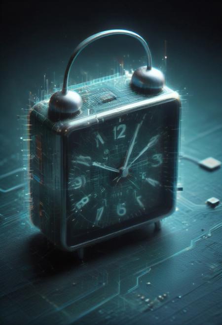8K analog photo, a classic alarm clock made of glitch lowpoly Circuit Board, each number floating inside a glitch lowpoly, fragile-looking and slightly distorted, soft morning light, 
High Quality, Full Colour, 80mm, blurry background,