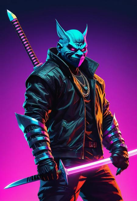 Cybernetically-Enhanced Troll Ninja, Aaron Garbut, Grand Theft Auto 6 Style, Synthwave, swords,