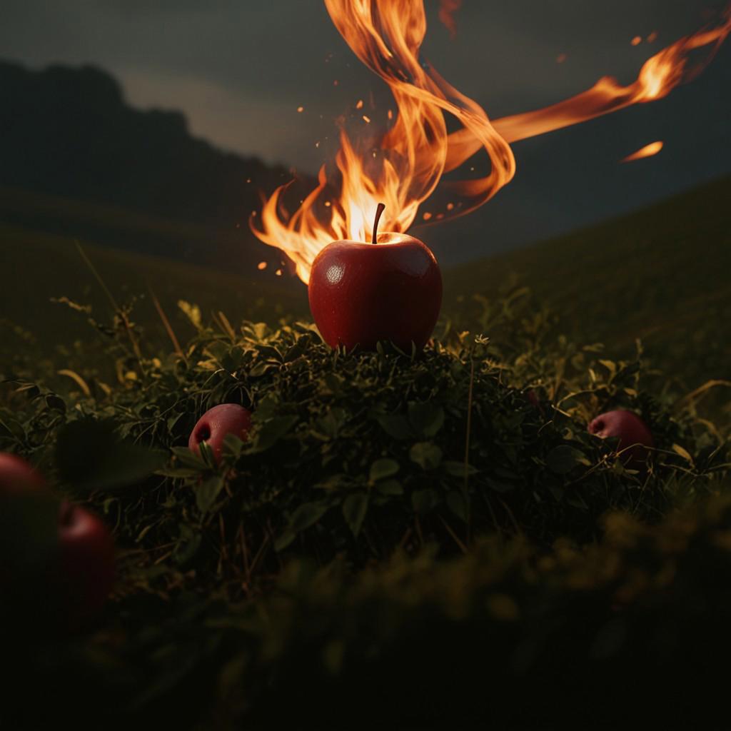 Extreme close-up, 1apple, (solo),  blender (medium), 1apple, (fire:1.3), 
score_9, score_8_up, score_7_up, scenery, 
highly detailed, high contrast, film grain, Rim Lighting