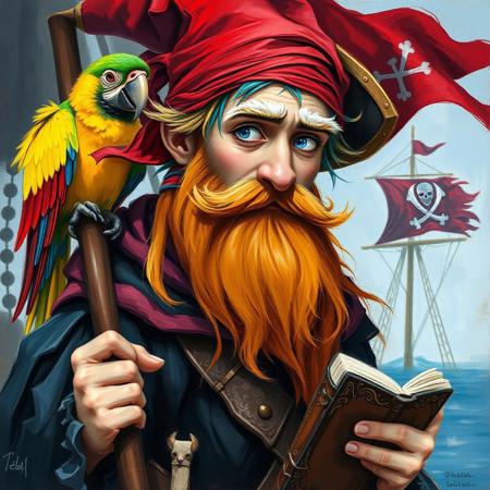 Oil painting rendered in a loose, impressionistic style with thick, expressive brush strokes. Full body portrait of a young jolly handsome pirate wizard. His outfit is a mish mash of wizard-like and pirate clothes. He wears a red bandana a black cape and he has a long ginger beard. He has big white eyebrows. His hair is a mixture of colors: blue, red, yellow, green. He holds a book and a wizard's staff. On his shoulder sits a colorful parrot.  The background shows a pirate ship with a pirate flag.