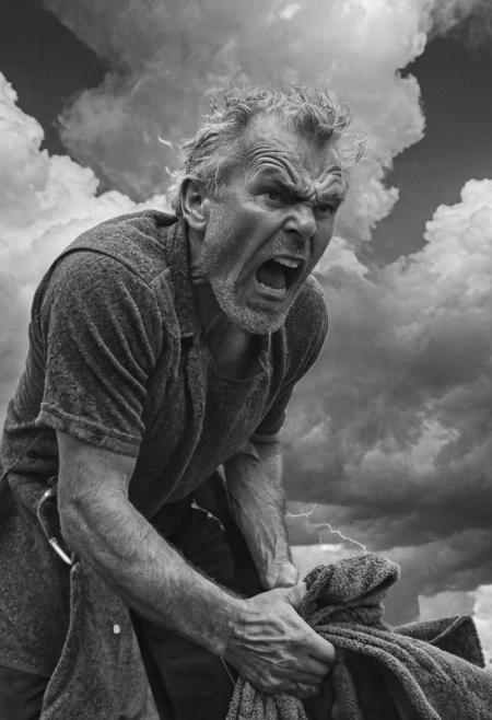 film photography style, medium grain,A black and white illustration of an angry coach, bent over in frustration, holding a towel, with lightning and swirling clouds around him in all its glory. The subject is captured in the midst of an emotional outburst, showcasing intricate details in the coach's facial expressions and body language. The art style is reminiscent of classic comic book illustrations, inspired by the works of Moebius and contemporary comic artists. The image is rendered in high contrast to emphasize the drama of the scene. The shot is a close-up taken from a low angle to amplify the intensity of the moment, showcasing the swirling clouds in the background. The render should feature medium grain texture, with a focus on dramatic lighting effects