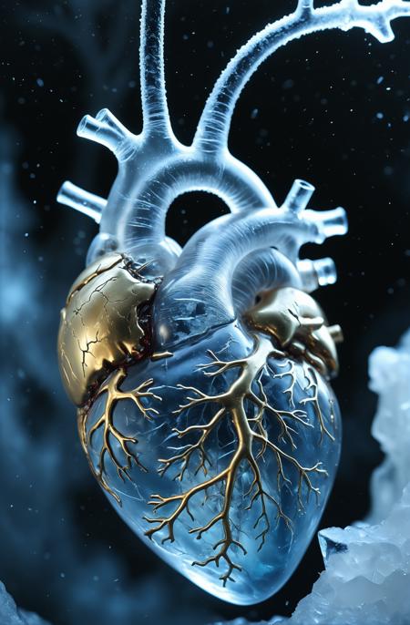 A hyper-detailed close-up of an anatomically correct human heart, suspended in mid-air, made entirely of cracked, translucent ice. Frozen veins twist outward, forming delicate crystalline branches that shimmer under the dim glow of bioluminescent blue mist. The core of the heart pulses with a trapped ember, radiating soft golden light through the frozen structure. Tiny frost particles drift through the air, refracting light in a mesmerizing, cinematic display. The background is a deep void, punctuated by ghostly glimmers of distant auroras. Ultra-HD, surreal realism, dark fantasy aesthetic.