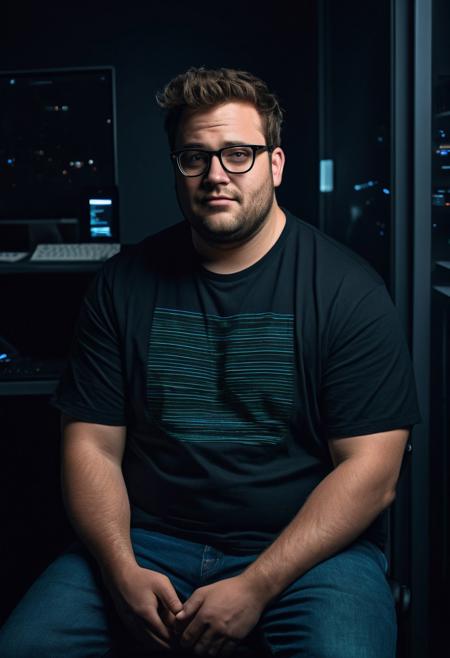 ((cinematic hazey atmosphere, romantic movie, romance film, arthouse film)), ((dark, night nighttime, dark background, shadows)), Tanned chubby 30 year old German man, wearing a black t-shirt and blue jeans, light brown messy hair, glasses, stubble, doublechin, broad face, blue green eyes, big fat arms, big neck, big belly, (nerd, programmer, coder), gentle smile, (sitting in dark office at night while programming on a high-tech computer),