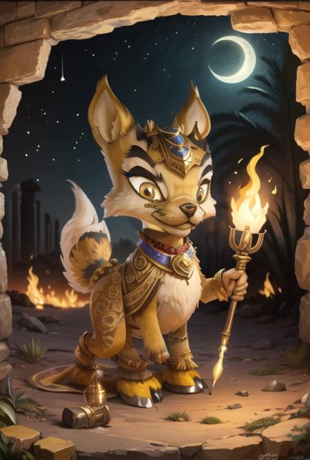 (masterpiece, best quality, highly detailed:1.0), ixi, <lora:Ixi:0.70>, egypt, ancient clothes, pyramids, desert, statues, night, torches, ornaments,
yellow fur, eyes with heart in pupils