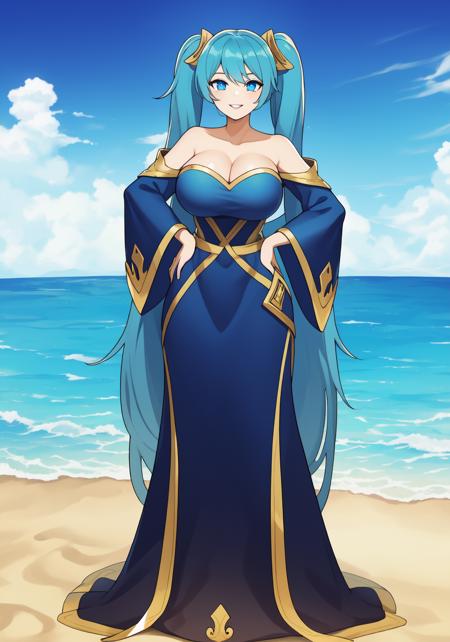 ((masterpiece)), (best quality:1.7), (detailed:1.4), (high res:1.4), 8k, (colorful:1.5), 2d, high resolution, sharped image, 4k, hd, sona_league, 1girl, (((solo))), aqua hair, blue eyes, ((twintails)), long hair, very long hair, hair ornament, smile, parted lips, huge breasts, cleavage,  collarbone, looking at viewer, blue dress, wide sleeves, long dress, bare shoulders, off shoulders, low neckline, ((full body)), sun, sky, beach, gold edges, alternative custome, bottom ornaments, strapless, hands on own hip, high heels, <lora:sona_league:0.6>, <lora:thickerLinesanimeStyle:0.6>