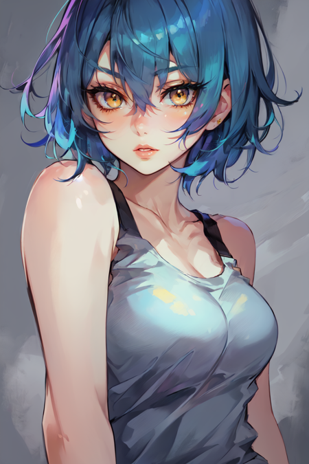 Paint_Style, 1girl, solo, looking at viewer, short hair, bangs, blue hair, collarbone, yellow eyes, parted lips, lips, eyelashes, tank top, portrait, nose <lora:Paint_Style:1>