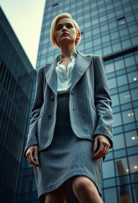 A cinematic, hyper-realistic render of a 20-year-old platinum blonde Caucasian woman seen from a low-angle perspective, looking up at her. She is wearing an oversized gray men’s blazer styled as a dress, left unbuttoned to reveal a white blouse with a deep neckline. Her shiny red stiletto heels tower over the viewer, and she stands confidently against the backdrop of a modern glass skyscraper, with soft evening light highlighting her silhouette.