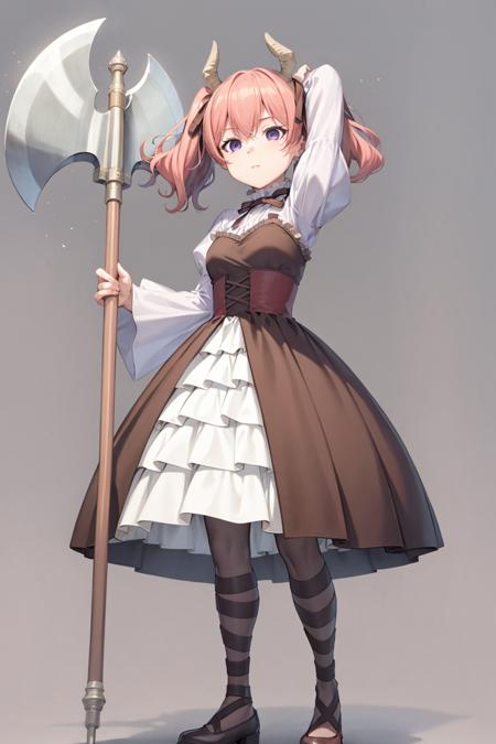 masterpiece, best quality,  <lora:ri-nie:1>,
1girl, solo, axe, twintails, pink hair, dress, holding axe, purple eyes, pantyhose, holding, weapon, grey background, full body, frills, brown footwear, frilled dress, battle axe, ribbon, long sleeves, puffy sleeves, brown dress, simple background, arms up, standing