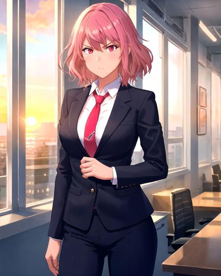 cowboy shot, pink hair, medium hair, red eyes, serious, breasts, black suit, formal suit, red necktie, office, window, sunset, <lora:Tekuho:0.6>