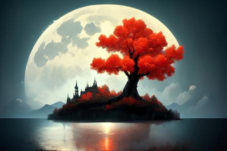 a red tree on a small island in the middle of a lake, dark sky with a full moon in the background, concept art, (no humans:1.9), <lora:StarkJourney:1.0>