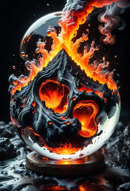 ultradetailed ultrarealistic photography of a volcano lava avalanche in a glass sphere, a perfect photography, muted wet colors, intricate artwork masterpiece
