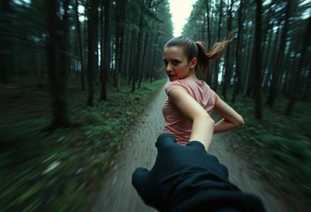 a photograph, found footage style, subject is a woman wearing running clothes running through a dark forest, seen from the point of view of someone chasing her, looking back over her shoulder at the viewer with a panicked and fearful expression, motion blur focus on a subject, close up view, viewer POV a gloved hand reaching for the woman, 1/25 s, f/2.8, 6400 ISO, 35mm film