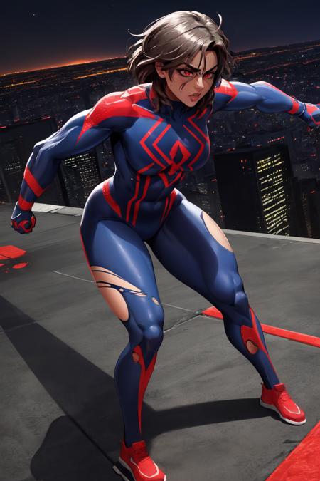 (masterpiece, best quality, absurdres), sw2099, red eyes, <lora:SpiderWoman2099_V1-Manityro:1.0>, messy hair, fighting stance, crouching, arm blade, (torn bodysuit), superhero, spider web print, medium breasts, toned, rooftop, city, night, night sky,