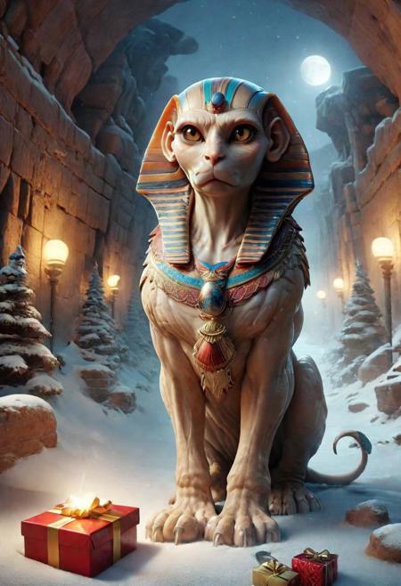 style by (Clay Mann:2.5),unique realistic (fluffy angry sphinx:1.8) getting a (Christmas gift:1.2), (Angry and hissing:1.2), a phantasmagoria, Egyptian Night Atmosphere, Dynamic Angle, Dramatic Lighting, desert winter masterpiece, digital painting,<lora:add-detail-xl:1.4>, windy epic polar, ,(luminous cat eye),professional make-up, mesmerize