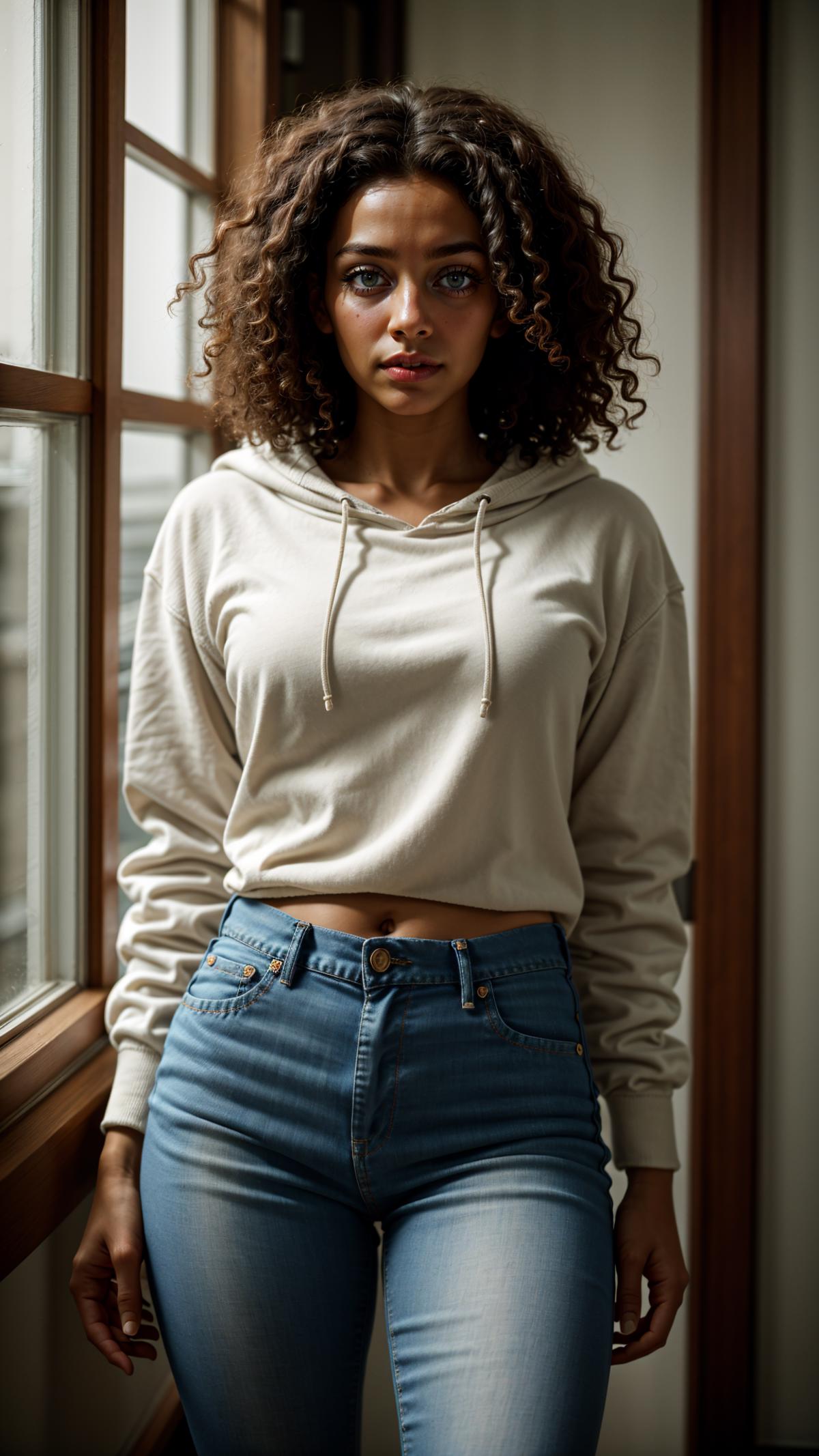 A woman wearing a hooded sweatshirt and jeans stands by a window.