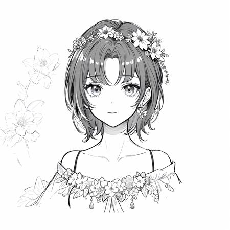 ((best quality)), ((masterpiece)), ((ultra-detailed)), (illustration), (detailed light), (an extremely delicate and beautiful), a girl, cute face,plant house,glass <lora:animeLineartMangaLike_v30MangaLike:0.7>,[(white background:1.5),::5],simple background, wreath, (round floral framed:1.5),cropped shoulder,