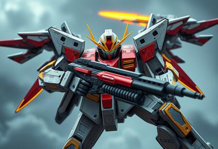 Generate a high-quality image of a mecha with a gun, Skyfire, in a sarcastic pose, with a focus on vibrant colors and realistic textures. The image should be in the style of Disneypunk and have a hyper-realistic quality, with flat grey and red-yellow colors. Incorporate elements of a trench crusade and ensure the image is exploitable and beautiful. The mecha should have an official details photo and be restored to its original color. Please provide the image in a coherent and symmetrical composition, with the other mecha in the background used for flight. Output should be in Unreal Engine or Octane Render style.