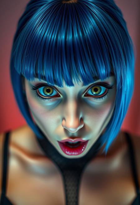 Closeup portrait of shocked Cyber Beauty with big wide open eyes and mouth and blue hair bangs and bob haircut wearing a bodysuit.  She looks guilty like she was caught red-handed.
