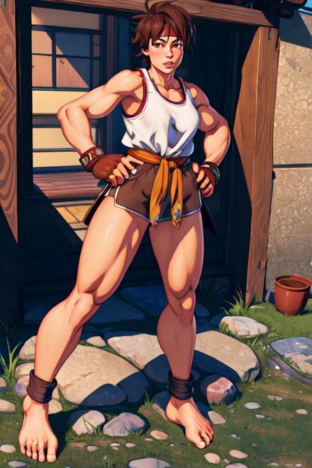 masterpiece,best quality,extreme detail,8k,<lora:sakura:0.8>,sakura2,1girl,solo,short hair,brown hair,gloves,brown eyes,barefoot,belt,fingerless gloves,lips,headband,toeless legwear,dougi,tomboy,