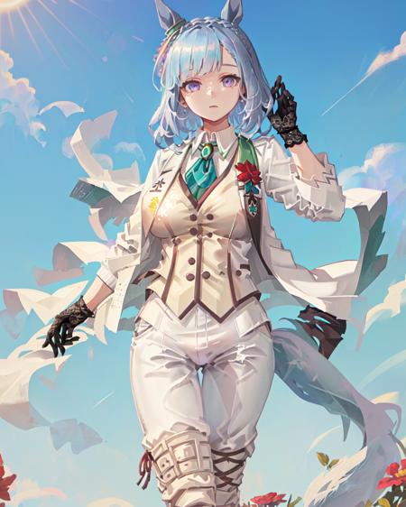 SFW, sunlight, (grassland), (spring), 
mejiro_ardan_NE, 1girl, (solo), horse_ear, horse_tail, (large breasts:1.2), (curvy:1.2), 
(short_light_blue_hair), purple_eyes, (black_lace_hair_ornament:1.2),big_green_jewelry_on_the_neck, green_tie, (red_flower_brooch), black_lace_gloves, (white_jacket:1.7), (white_long_pants), (white_vest:1.7), (white_lace_up_thigh_boots:1.2)