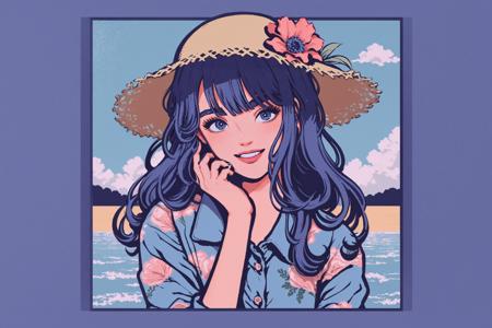 [(border:1.4), ::2]flat color, simple background, shadow, 1girl, solo, hand, <lora:SilvermoonMix15:1>
1girl, hat, solo, outdoors, black hair, dress, sky, smile, cloud, open mouth, water, day, straw hat, :d, blue eyes, floral print, short sleeves, looking at viewer, shirt, bird, standing, blue sky, white shirt, holding, arm up, blush, print dress, bangs, flower, sun hat, sandals, cloudy sky, wading, long hair, hand on headwear