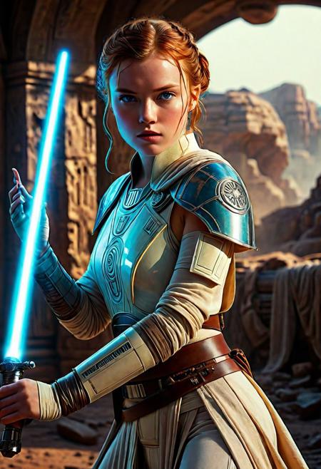 High resolution ultra-realistic of Beautiful Jedi girl, 8k, capturing the intensity of the moment, cinematic lighting, standing on a bloody and turbulent battlefield in a bloody battle, wavy red hair, realistic dirty pale face, realistic blue eyes, beautiful hourglass figure, burning in a Star Wars Town, intricately designed Star Wars style clothes dirty white-brown robes, Star Wars Aesthetic, perfect athletic figure, beautiful Sadie Sink as Jedi Knightess, ultra realistic, cinematic style, vigorous and seductive, athletic figure, Star Wars style, dramatic lighting, wet and sweaty skin, dirty pale skin, athletic figure, dark fantasy, dramatic lighting, Greg Rutkowski style, Jedi Knightess on in Jedi dress, hyper-detailed, hyper-realistic, natural light, extremely intricate details, masterpiece, epic, bright colours, Attractive 21 old years girl, beautiful firm Breasts, sharp focus, digital painting, Photograph Taken on Nikon D750, Alphonse Mucha, athletic figure, Hyperdetailed, hyperrealism, Attractive, Attractive bust girl, asymmetric balance