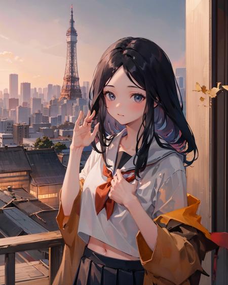 1girl, black_hair,solo, (school uniform), <lora:RicechanSekiroV1-000006:0.9>,outdoors,standing,tokyo tower, cityscape, crop top, ricechan,hand on own chest,