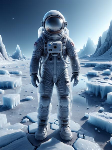 A solitary ais-icebaby astronaut, standing on an alien planet, their spacesuit reflecting the ais-icebaby landscape. <lora:Ice_Style_SDXL:1>