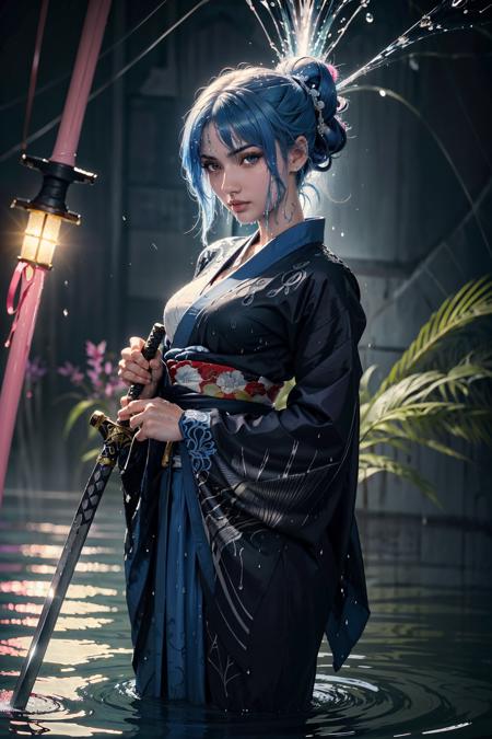 (best quality, masterpiece, colorful, dynamic angle, highest detailed)full body photo, ull body photo epic realistic, (close up), 1girl, floating blue_hair, long hair, (water:0.7), waterdrop, wet, holding_katana, blue_kimono with intricate pattern, ultra detailed, (textured_clothing), black_background,  (intricate details, hyperdetailed:1.15), detailed, light passing through hair, (official art, extreme detailed, highest detailed),  <lora:kasumisenv1:1> kkasumisenm