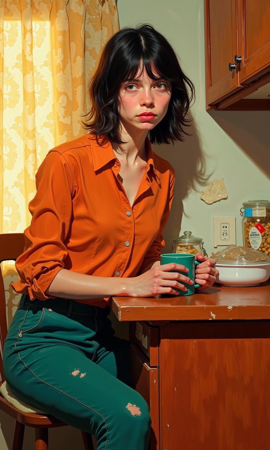 A woman sits at a wooden kitchen counter, dressed in an orange, button-down shirt and teal-colored pants. 
Her dark, slightly tousled hair frames her face.  Her expression is neutral, almost pensive, with a slight seriousness or weariness to her gaze. She holds a small, teal-colored mug in her right hand. 
The background is a patterned, yellowish-cream curtain. A section of a light-brown wall or cabinet appears at the far right edge of the image. 
The kitchen counter is a reddish-brown color, and several items are visible on it, including a white container or dish, possibly for food or drink, and part of a similar-style dish or box, possibly for food storage. 
Light reflects off and around the woman and the surrounding objects, creating highlights and shadows, which gives a sense of atmosphere to the scene. The style of the painting is realistic.
<lora:FLUX-daubrez-DB4RZ-v2:1> DB4RZ, DB4RZ style painting