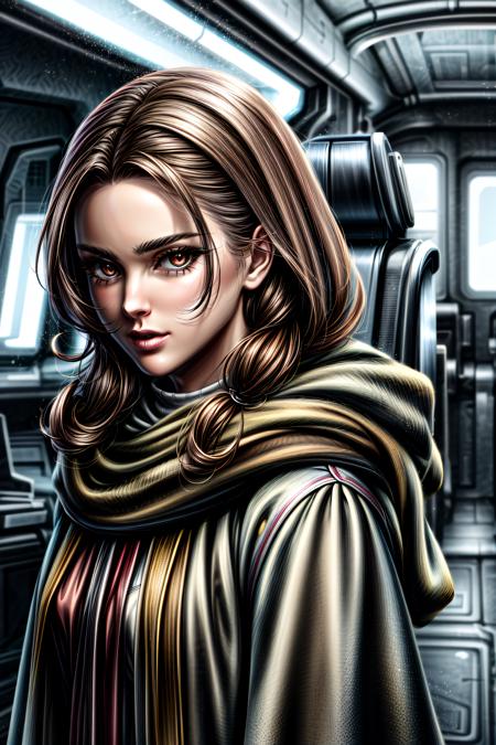 padme sd, looking at viewer, brown hair, brown eyes, ((mature female)),robe,((hood up)),long hair, very curly hair,  apartment,  spaceship interior, portrait,   <lora:padme sd -000009:0.7>, <lora:more_details:1.5>