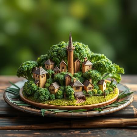 a very tiny miniature town Made out of broccoli , lying on a plate made of dark bamboo