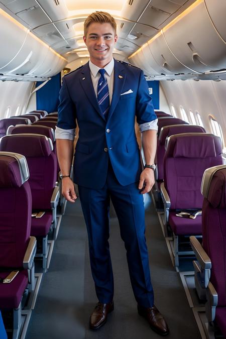 cabin of Boeing 737, standing in the aisle, lifting a piece of luggage, smiling, CFConnor is a (male flight attendant), flight attendant uniform, (((full body portrait))), wide angle <lora:CFConnor:0.8>