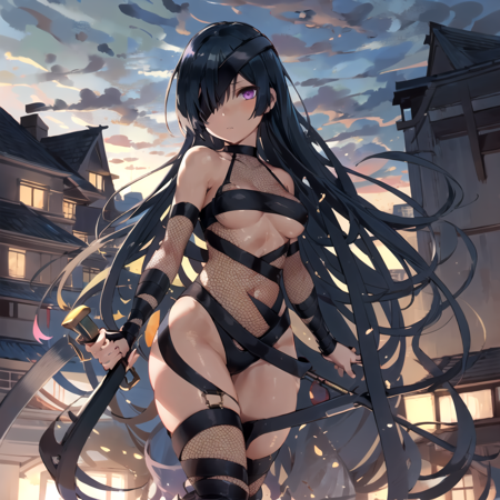 mochizuki_chiyome a girl with long hair in an outfit, 1girl, solo, eyepatch, long hair, breasts, black hair, purple eyes, dual wielding, fishnets, very long hair, looking at viewer,  a person holding on to a flower in a skirt and top, in anime style, 1girl, solo, twintails, eyepatch, purple eyes, long hair, black hair,